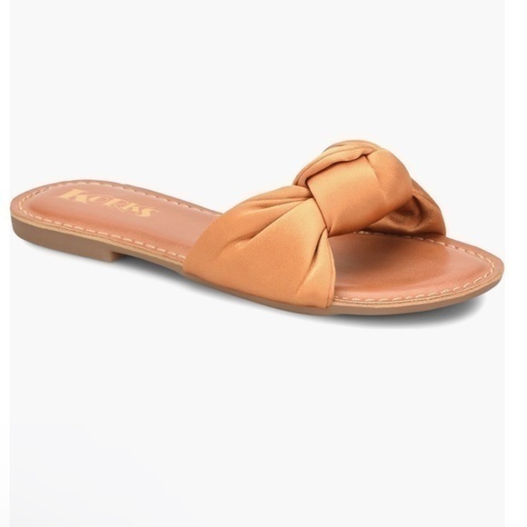 Korks slide sandal soleil knot womens 9 yellow satin - Picture 1 of 9